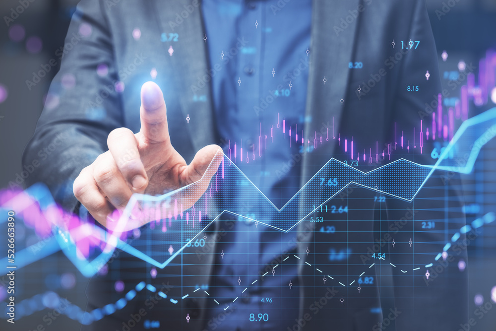 Poster businessman hand pointing at abstract glowing candlestick forex chart with index and grid on blurry office interior background. Invest, trade, finance ans stock market concept.