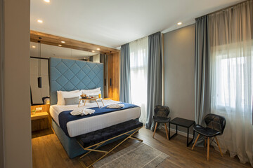 Interior of a double bed hotel bedroom