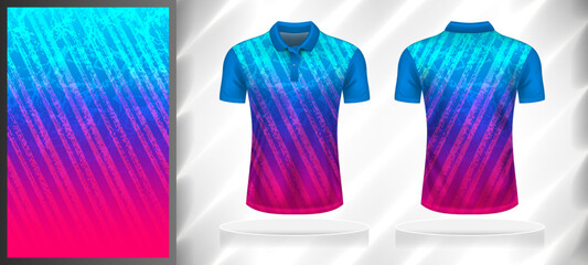Vector sport pattern design template for Polo T-shirt front and back with short sleeve view mockup. Shades of blue-pink-purple color gradient grunge oblique line texture background illustration.