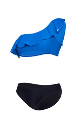 Close-up shot of a two-piece ruffle swimsuit. The suit consists of a blue single-shoulder top with small frill and black swim bottoms. The bathing suit is isolated on a white background. Side view.