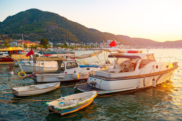 Boat in sunset floating on the sea in Turkey