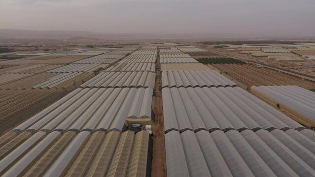 Israel agriculture and economy, drone flight over greenhouses on site of collective farming community ('moshav') in South Israel