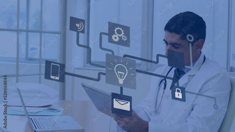 Aufkleber animation of flowchart with computer icons over biracial male doctor using digital tablet in office