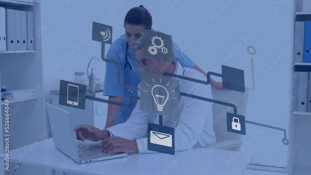 Poster animation of flowchart with computer icons over doctors discussing over laptop in hospital