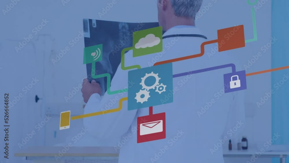 Poster animation of colorful flowchart with computer icons over rear view of male doctor examining x-ray