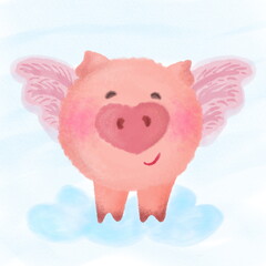 Illustration piggy angel on a cloud. Funny drawing for posters, prints, clothes, postcards.