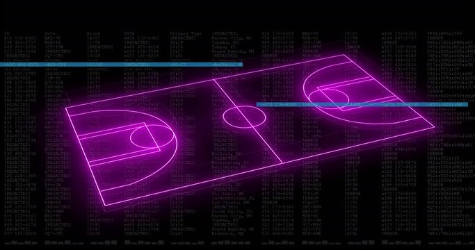 Animation of computer graphic 3d neon soccer field over data processing on digital interface