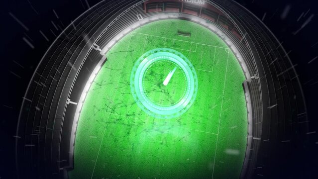 Animation of clock moving over soccer field stadium with raindrops while raining