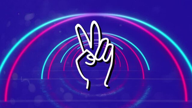 Animation of vector peace hand moving between illuminated colorful arch
