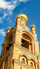 Christian church cross in high steeple tower for prayer