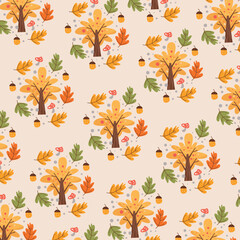 Bright pattern with acorns and tree leaves in autumn. Perfect for postcards, wrapping paper and textiles. Autumn and Thanksgiving theme