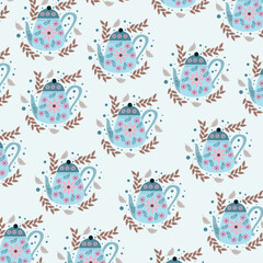 Classic pattern with hand drawn teapot and leaf pattern surrounding it. Vector illustration