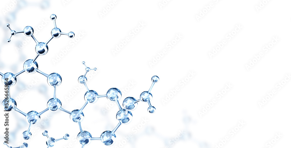 Wall mural horizontal banner with model of abstract molecular structure. glass atom model