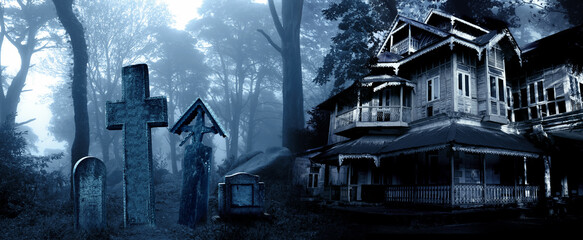 Horizontal Halloween banner with haunted house and medieval stone cross, tombstones in a cemetery in foggy forest - obrazy, fototapety, plakaty