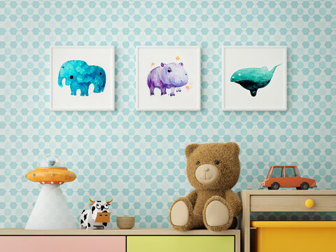 Pastel room for kid drawer,shelf and cute picture on blue wallpaper.3d rendering