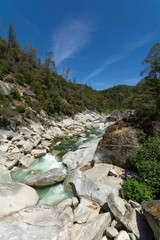 The Yuba River in California and its rocky bed.