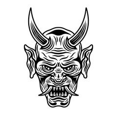 Oni mask japanese tattoo of demon face with horns vector illustration in vintage monochrome style isolated on white background