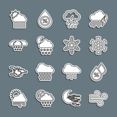 Set line Wind, Water drop percentage, Snowflake, Cloud with rain and lightning, snow moon, Fog cloud sun and icon. Vector