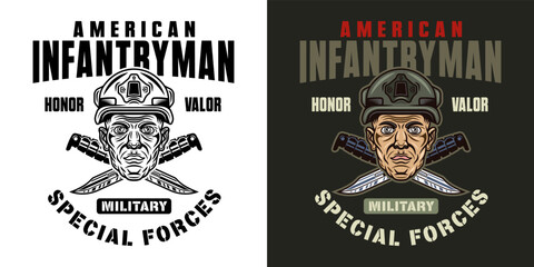 Fototapeta na wymiar American infantryman vector vintage emblem, label, badge or logo with soldier head in helmet illustration in two styles black on white and colorful on dark background