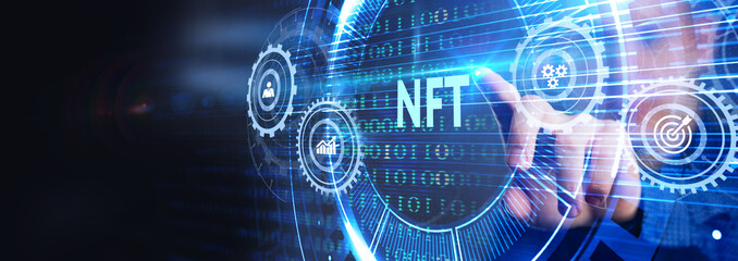 NFT Non-fungible token digital crypto  on virtual screen.