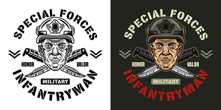 American infantryman vector vintage emblem, label, badge or logo with soldier head in helmet illustration in two styles black on white and colorful on dark background