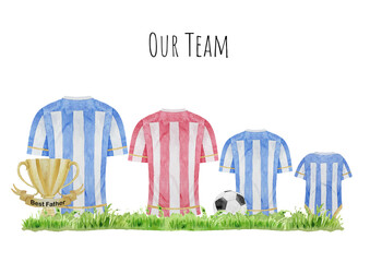 Family print concept with watercolor sport t shirts for three. Colorful striped football t shirts collection. Best father family card on white background.
