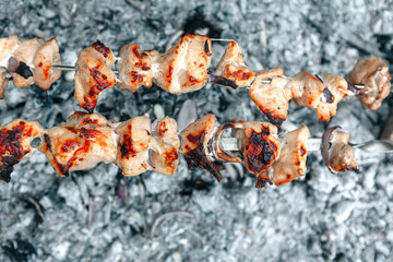 Chicken skewers .  Grilled meat . Meal cooked outdoors