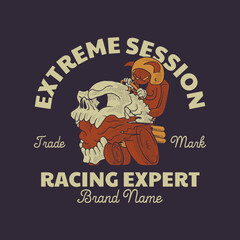 Fototapeta premium Cartoon emblem of skull car racing mascot with retro style
