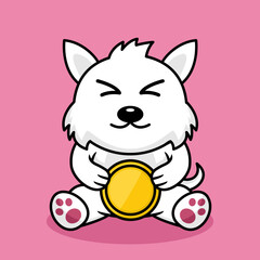 Vector illustration of premium cute dog holding gold coin