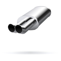 3d illustration, car exhaust pipe muffler, steering wheel realistic 3d icon