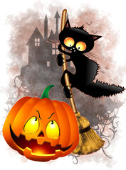 Cat Fun Halloween Character effrayé par une citrouille - 2