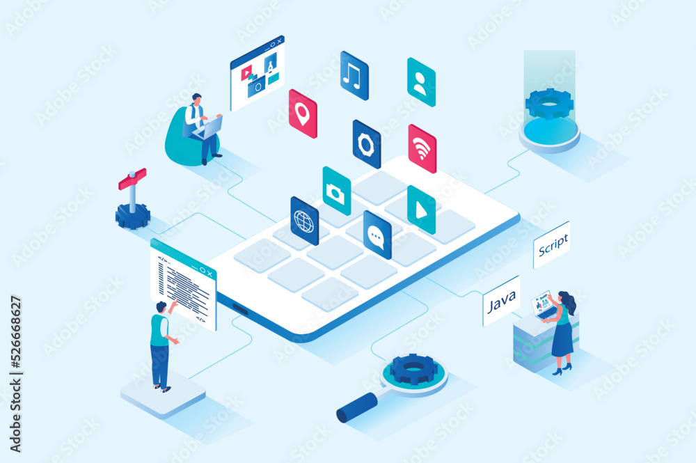 Poster App development 3d isometric web design. People create user interface template, place application buttons on screen, work with codes and program software for different devices. Vector web illustration