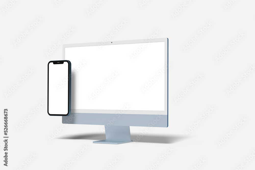 Wall mural realistic blank desktop with floating mobile mockup. 3d render