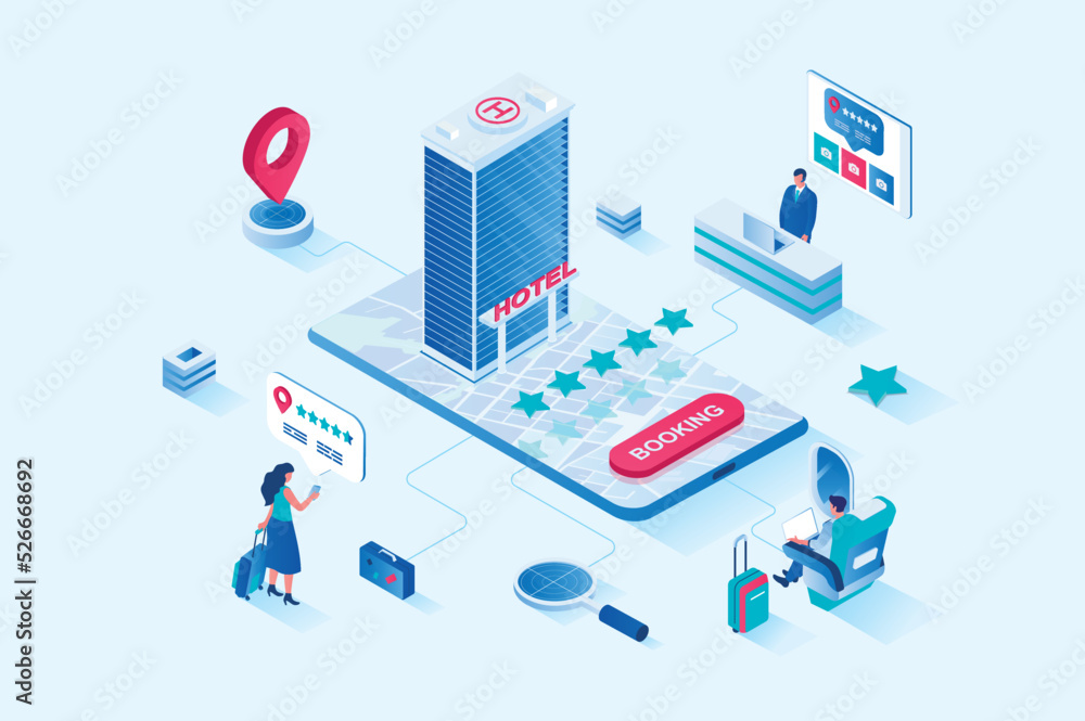 Poster booking 3d isometric web design. people go on vacation to travel and book hotel apartments using mob