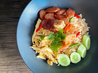 Fried rice with spicy shrimp paste dip on the table