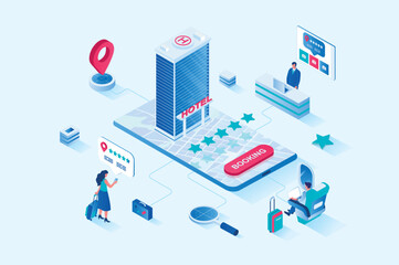 Fototapeta premium Booking 3d isometric web design. People go on vacation to travel and book hotel apartments using mobile application with rating, online payment service and location tracking. Vector web illustration
