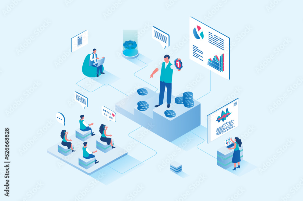 Aufkleber Coaching 3d isometric web design. People listen to business coach at conference and improve their professional skills, the coach optimizes business processes and workflow. Vector web illustration