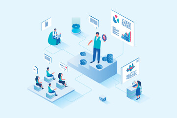 Coaching 3d isometric web design. People listen to business coach at conference and improve their professional skills, the coach optimizes business processes and workflow. Vector web illustration