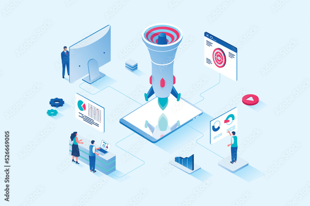 Wall mural digital marketing 3d isometric web design. people create promo content and make advertising campaign