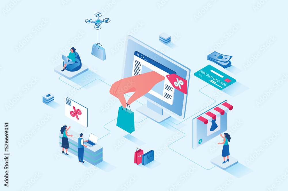 Wall mural discount of goods 3d isometric web design. people buy new products at best prices and offers at seas