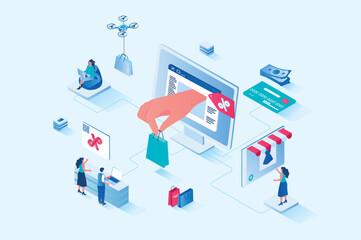 Fototapeta na wymiar Discount of goods 3d isometric web design. People buy new products at best prices and offers at seasonal sales in online stores, ordering and paying for smart purchases. Vector web illustration