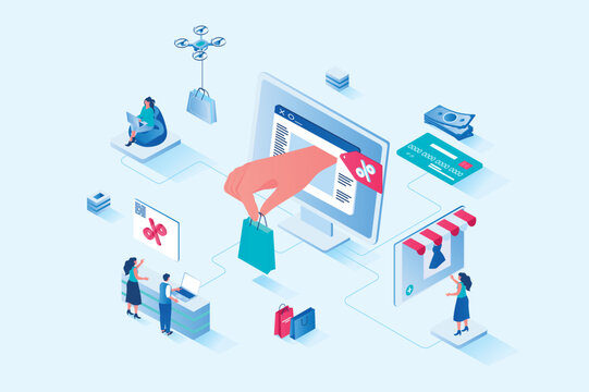 Discount of goods 3d isometric web design. People buy new products at best prices and offers at seasonal sales in online stores, ordering and paying for smart purchases. Vector web illustration
