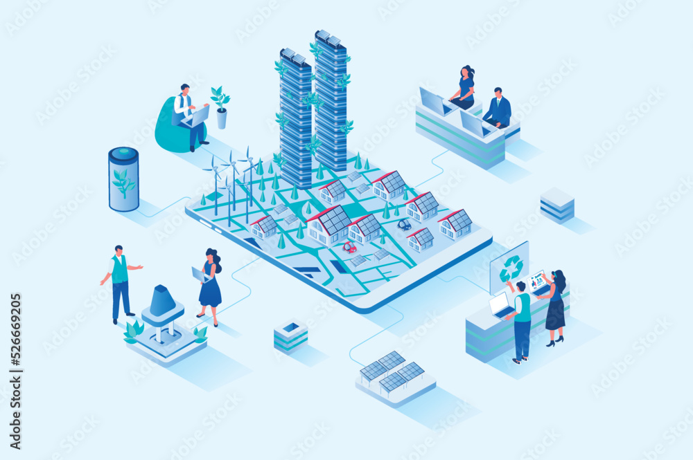 Aufkleber green city 3d isometric web design. people use alternative energy sources and eco-friendly infrastru