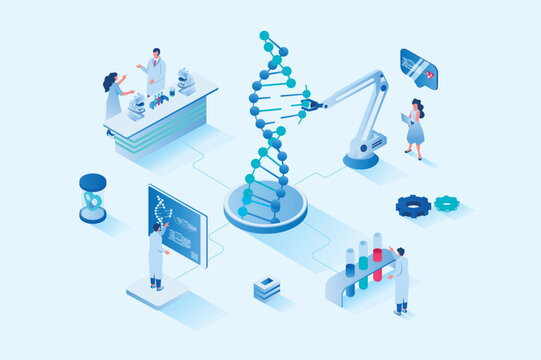 Medical laboratory 3d isometric web design. People scientists explore molecular structure of dna on modern laboratory equipment, researchers do tests and chemical experiments. Vector web illustration