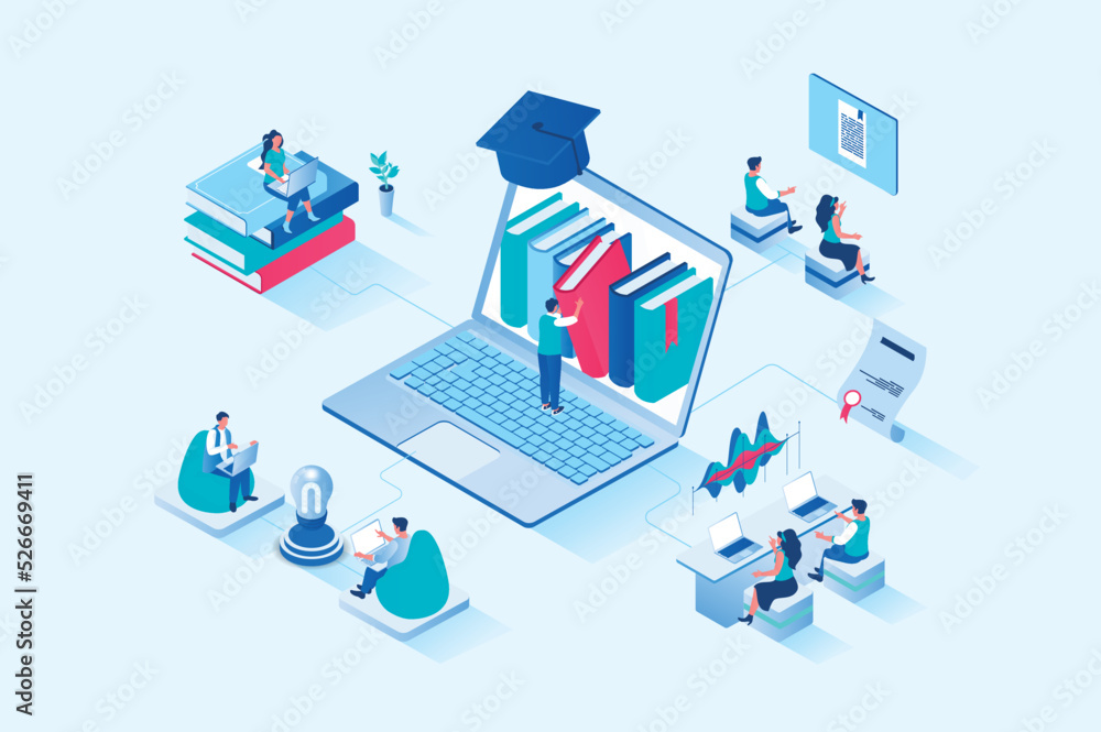 Fototapete Online studying 3d isometric web design. People read books and study textbooks, improve skills and knowledge, study at university or take courses, graduate online schools. Vector web illustration