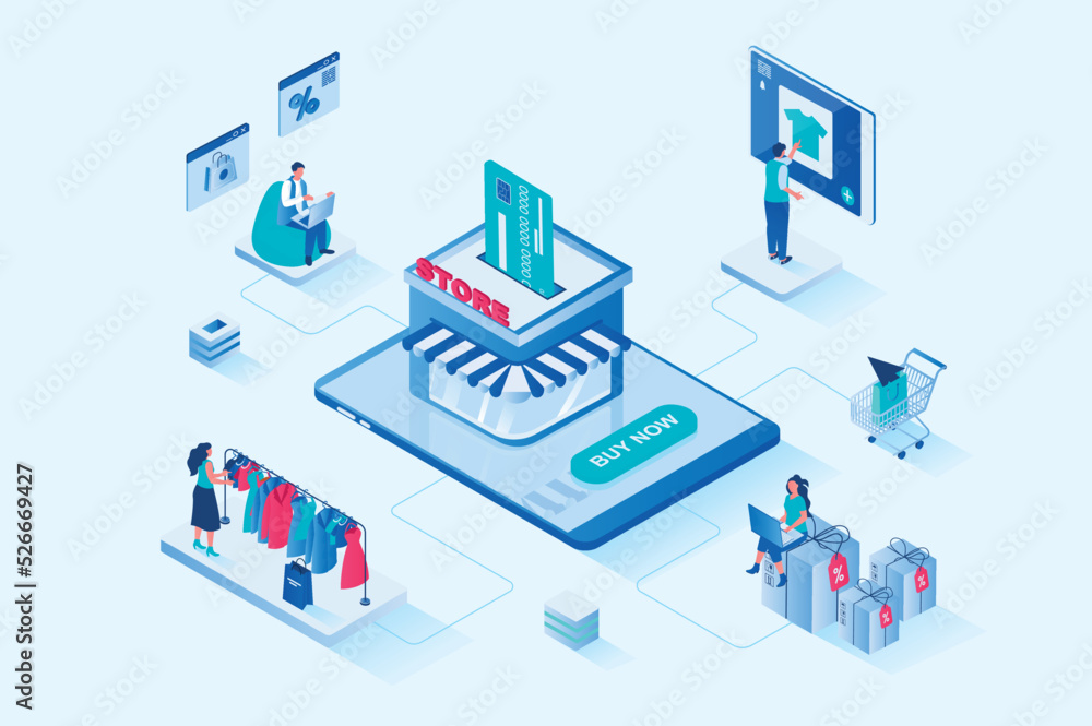 Poster online shopping 3d isometric web design. people choose new products at best prices with discounts on