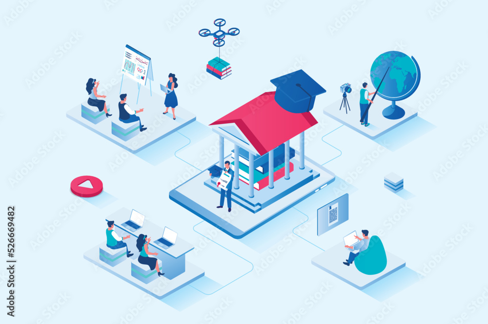 Poster online education 3d isometric web design. people get new skills and knowledge, read books, study at 