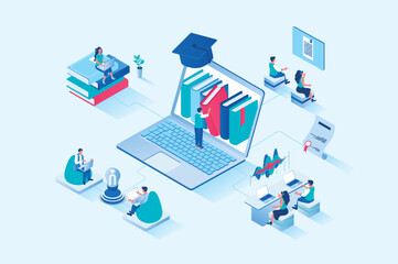 Online studying 3d isometric web design. People read books and study textbooks, improve skills and knowledge, study at university or take courses, graduate online schools. Vector web illustration - obrazy, fototapety, plakaty