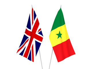 National fabric flags of Great Britain and Republic of Senegal isolated on white background. 3d rendering illustration.