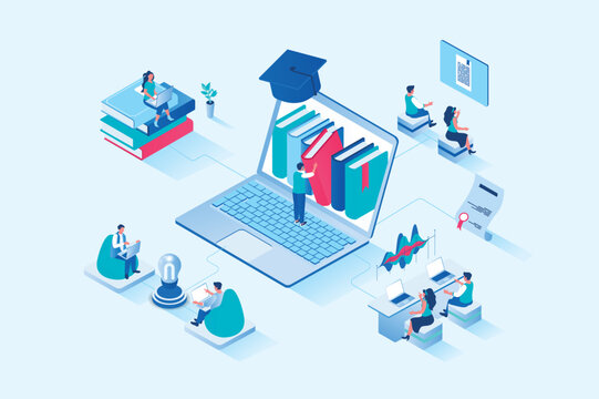Online studying 3d isometric web design. People read books and study textbooks, improve skills and knowledge, study at university or take courses, graduate online schools. Vector web illustration